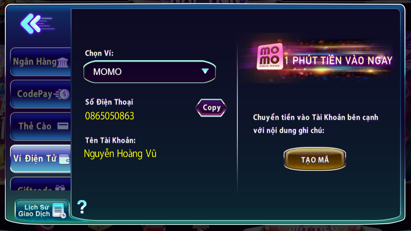 Nạp tiền 789Club qua ví momo